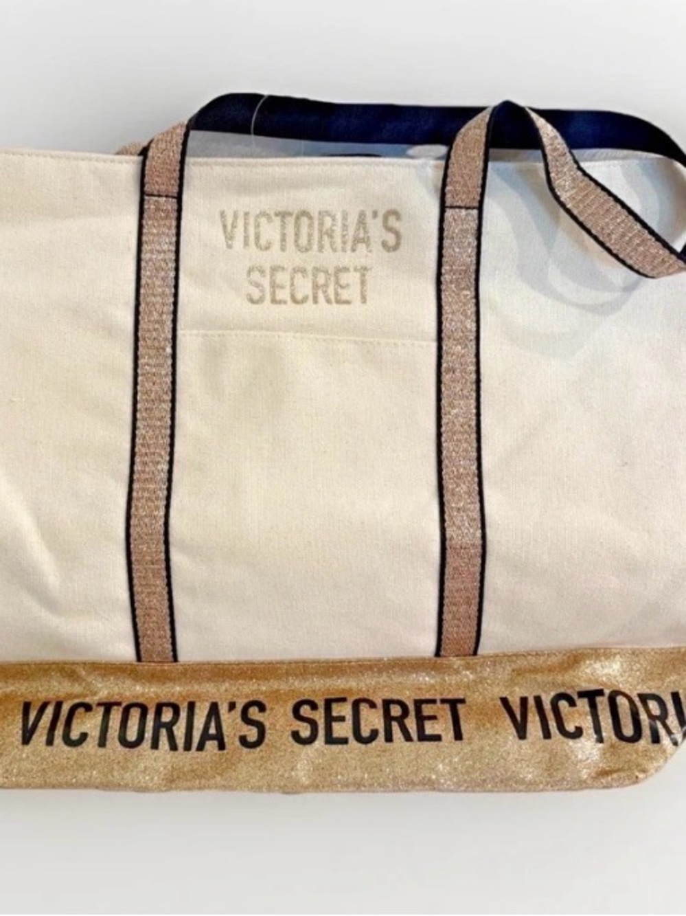 Victoria's Secret Tote Bag Sparkle Cream Gold Glitter Canvas Weekender NWT